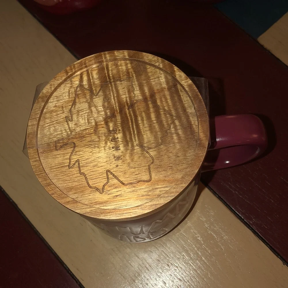 Rae Dunn AUTUMN VIBES Mug with Wood Lid/Coaster Burgundy